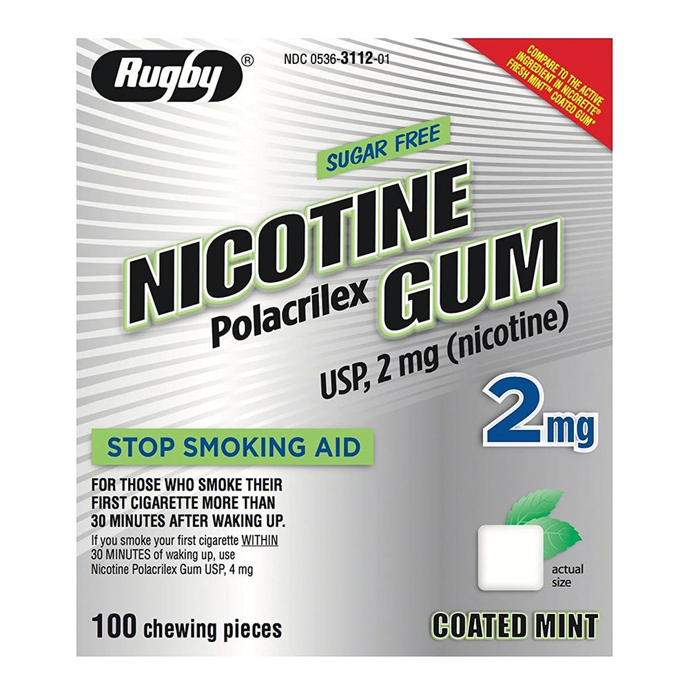 Rugby Nicotine Gum, 2mg, Sugar Free Coated Mint - 100 Pieces