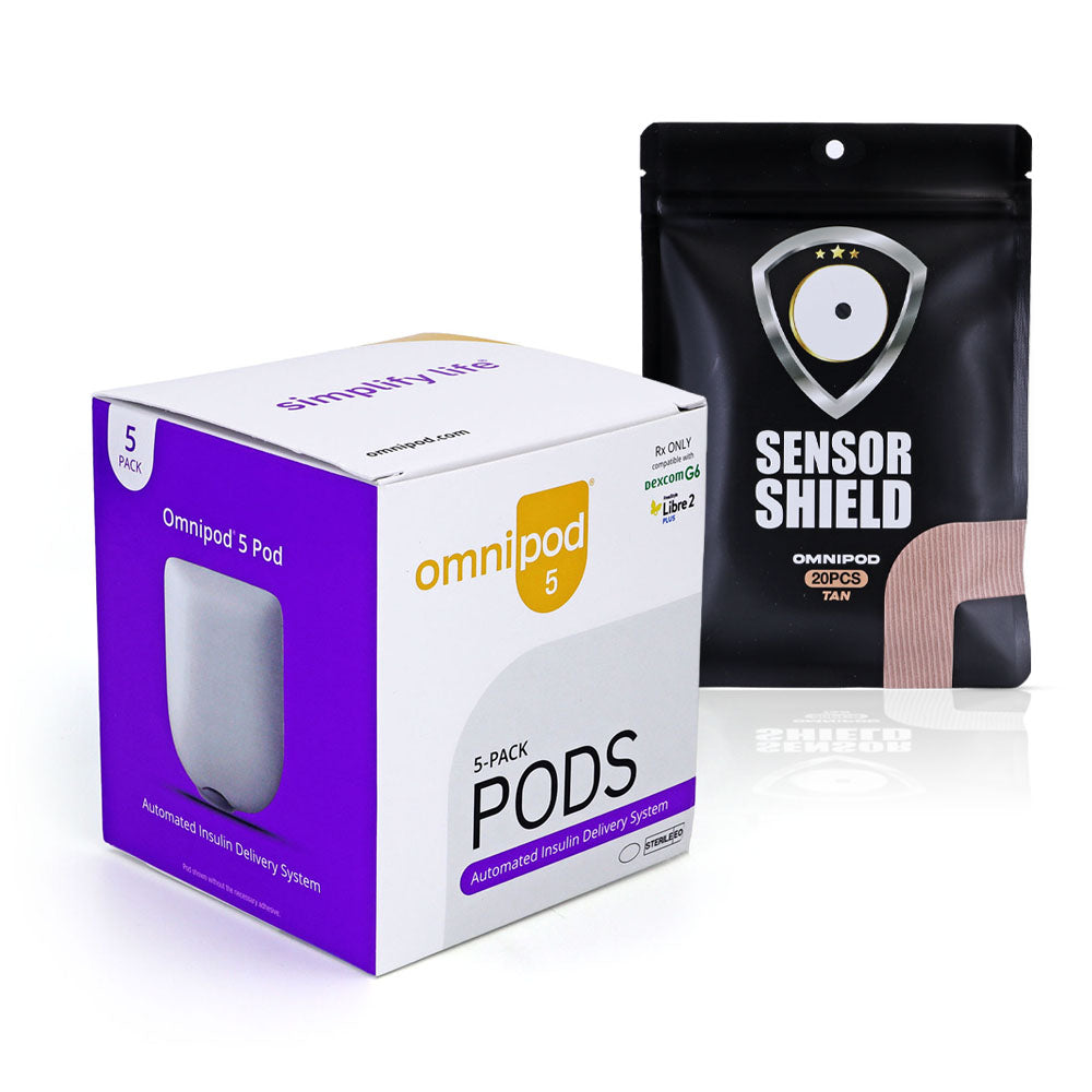Omnipod 5 - 5 Pack (Compatible with Dexcom G6/Libre 2) + Free Sensor Shield Patches (20ct)