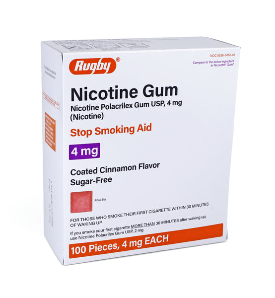 Rugby Sugar Free Nicotine Polacrilex Gum - 4mg - Coated Cinnamon - 100 Pieces