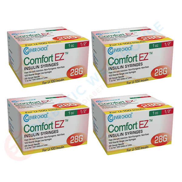 Clever Choice Comfort EZ Insulin Syringes - 28G 1 cc 1/2" 100/bx - Pack of 4