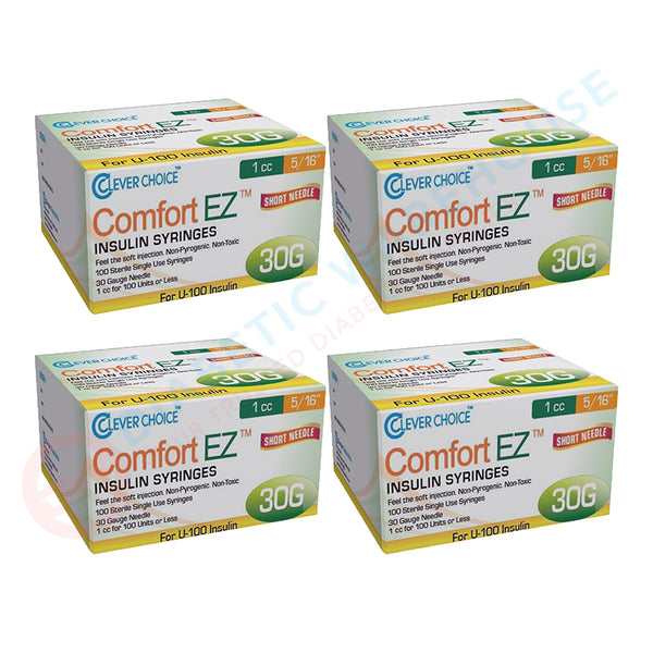 Clever Choice Comfort EZ Insulin Syringes - 30G 1 cc 5/16" 100/bx - Pack of 4