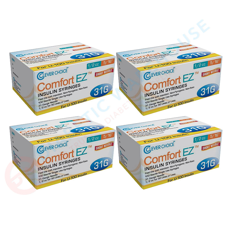 Clever Choice Comfort EZ Insulin Syringes - 31G 1/2 cc 5/16" 100/bx - Pack of 4
