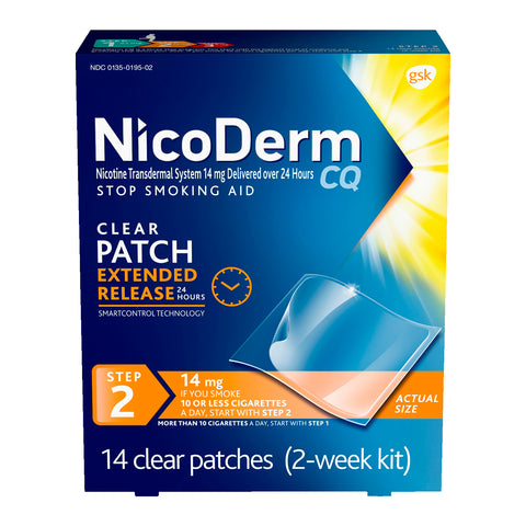 clear tobacco NicoDerm CQ Nicotine Patch, Clear, Step 2 to Quit Smoking, 14mg, 14 Count clear tobacco NicoDerm CQ Nicotine Patch, Clear, Step 2 to Quit Smoking, 14mg, 14 Count