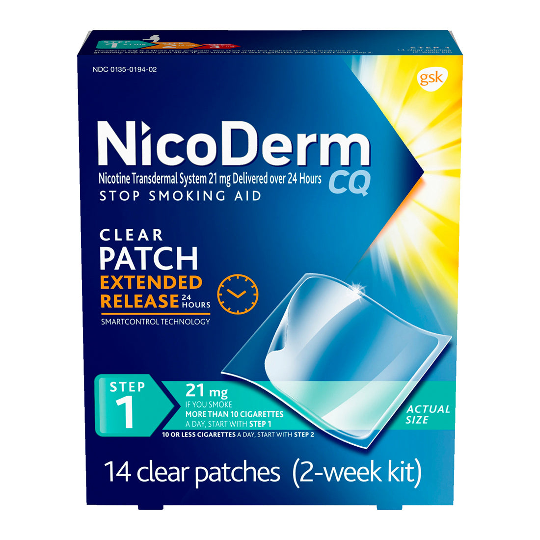 NicoDerm CQ Nicotine Patch, Clear, Step 1, 21mg, 14 Count